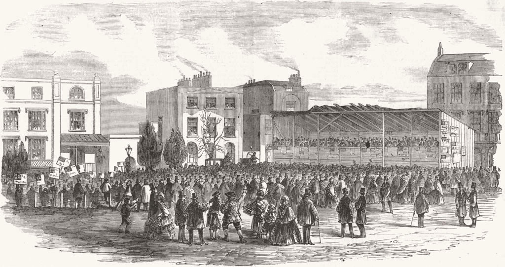 LONDON. Lambeth Election. Hustings, Kennington 1857 old antique print picture